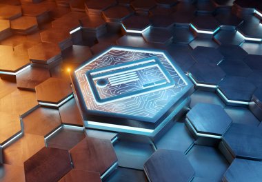 Mavi ve turuncu metal altıgen arka plana kazınmış ödeme kartı ikonu konsepti. Soyut dijital yüzeyde parlayan kredi kartı logosu. 3d oluşturma