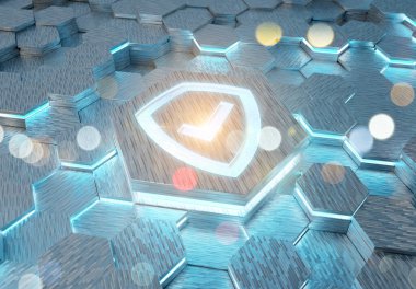 Beyaz ve mavi metal altıgen arkaplana kazınmış bir kalkan simgesi konsepti. Güvenlik logosu soyut dijital yüzeyde parlıyor. 3d oluşturma