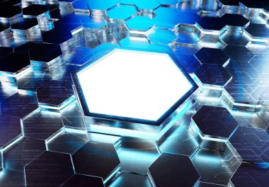 Parlak siyah ve mavi altıgen podyum arkaplan deseni. Işıklı ve yansımalı altıgen gümüş metal Mockup. 3B görüntüleme