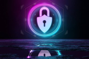 Dijital siber güvenlik holografik ikonu dairesel olarak yeri mavi ve pembe neon ışıkla aydınlatıyor.