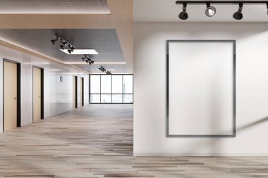 Ofis duvarında asılı siyah dikey çerçeve. Modern ahşap şirket iç mekanı 3D bir reklam panosunun kopyası.