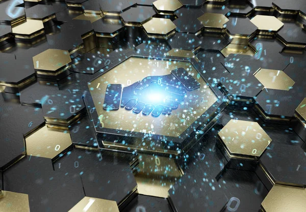 Altın ve siyah metal altıgen arkaplana kazınmış el sıkışma ikonu konsepti. Soyut dijital yüzeyde parlayan ortaklık logosu. 3d oluşturma