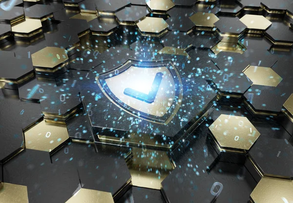 Siyah ve altın renkli altıgen kaidesel arkaplana kazınmış kalkan simgesi konsepti. Güvenlik logosu soyut dijital yüzeyde parlıyor. 3d oluşturma