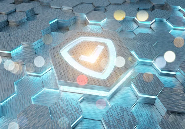 Beyaz ve mavi metal altıgen arkaplana kazınmış bir kalkan simgesi konsepti. Güvenlik logosu soyut dijital yüzeyde parlıyor. 3d oluşturma