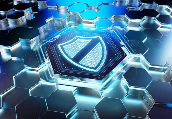 Shield Icon Concept Engraved Blue Metal Hexagonal Pedestral Background Security — Stock Photo, Image