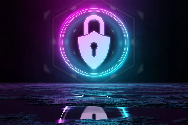 Digital Cyber Security Holographic Icon Circle Illuminating Floor Blue Pink — Stock Photo, Image