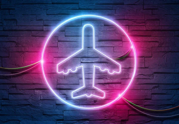 Plane Neon Tubes Icon Illuminating Brick Wall Blue Pink Glowing — Stockfoto