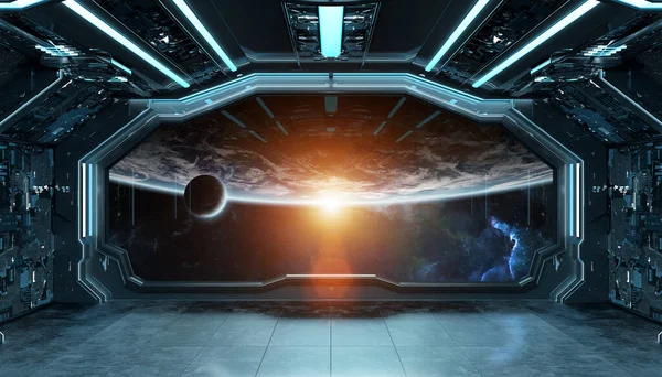 Dunkelblaues Raumschiff Futuristisches Interieur Mit Fensterblick Auf Den Planeten Erde — Stockfoto