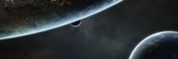 Panorama Rymden Planeter Bakgrund Panorama Avlägsna Solsystem Kosmos Med Exoplaneter — Stockfoto