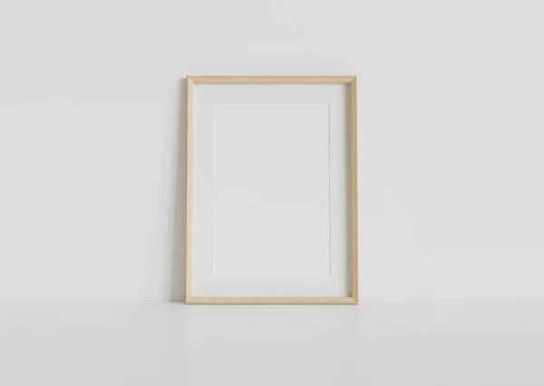 Wooden Rectangular Frame Leaning White Floor Interior Mockup Template Picture — Stock Photo, Image