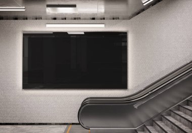 Panoramik 2: 1 yer altı metro duvarında parlayan reklam panosu Mockup. İstasyon duvarına 3 boyutlu reklam istiflemek