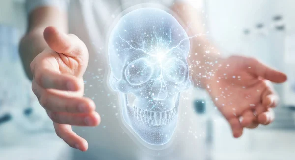 Manusia Latar Belakang Kabur Menggunakan Digital Ray Skull Holographic Scan — Stok Foto