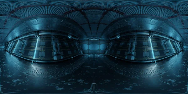 暗い青色の宇宙船の内部のHdriパノラマビュー 高解像度360度パノラマ反射マッピング未来の宇宙船ルーム3Dレンダリング — ストック写真