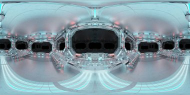 HDRI panoramic view of white blue spaceship interior with windows. High resolution 360 degrees panorama reflection mapping of a futuristic spacecraft room 3D rendering clipart