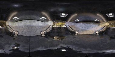 Yeraltının gerçekçi metro istasyonu arka planında ıslak yansıtıcı zeminli Hdri. Parlayan neon ışıkları ve yürüyen merdivenleri olan fütüristik metro iç mekanı. 3B Hazırlama