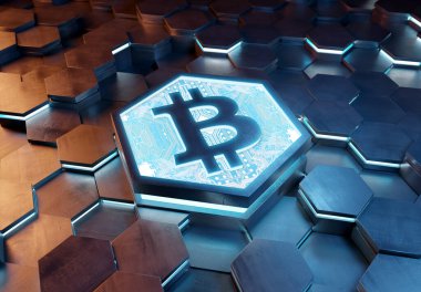 Mavi ve turuncu metal altıgen arkaplana kazınmış Bitcoin simgesi konsepti. Soyut dijital yüzeyde parlayan kripto para birimi sembolü. 3d oluşturma