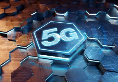 Mavi ve turuncu metal altıgen arkaplana oyulmuş 5G simge konsepti. Soyut dijital yüzeyde parlayan kablosuz teknoloji logosu. 3d oluşturma
