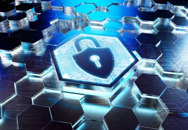 Mavi metal altıgen arka plana kazınmış web güvenlik simgesi konsepti. Soyut dijital yüzeyde parlayan asma kilit logosu. 3d oluşturma