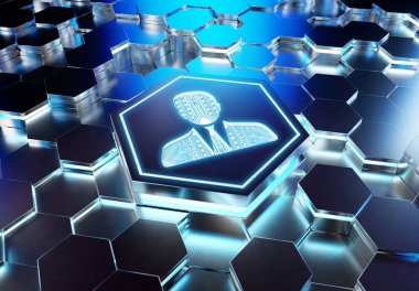 Mavi metal altıgen arka plana kazınmış kullanıcı simgesi konsepti. Soyut dijital yüzeyde parlayan sosyal medya sembolü. 3d oluşturma