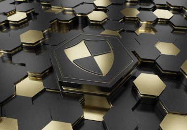 Siyah ve altın renkli altıgen kaidesel arkaplana kazınmış kalkan simgesi konsepti. Güvenlik logosu soyut dijital yüzeyde parlıyor. 3d oluşturma