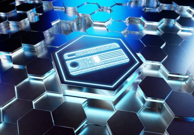 Mavi metal altıgen arka plana kazınmış ödeme kartı simgesi konsepti. Soyut dijital yüzeyde parlayan kredi kartı logosu. 3d oluşturma