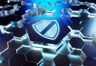 Mavi metal altıgen kaidesel arka plana kazınmış kalkan simgesi konsepti. Güvenlik logosu soyut dijital yüzeyde parlıyor. 3d oluşturma