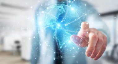 Amerika Amerika harita küre ağ hologram 3d render kullanarak bulanık arka plan üzerinde İşadamı