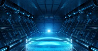 Işıldayan, neon ışıklı mavi uzay gemisi zemine yansıyor. Uzay istasyonunda daireler çizerek ilerleyen bir koridor. 3d oluşturma