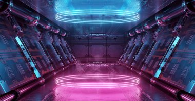 Mavi ve pembe uzay gemisi iç kısımları parlayan, neon ışıklı podyum zemine yansıyor. Uzay istasyonunda daireler çizerek ilerleyen bir koridor. 3d oluşturma