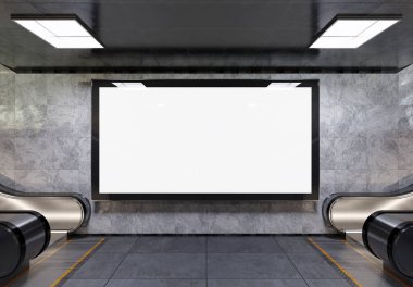 Metro Mockup 'ta büyük panoramik reklam panosu. Tren istasyonunun duvarında asılı reklamlar 3D görüntüleme