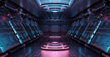 Aydınlatılmış projektörlü mavi ve pembe uzay gemisi. Uzay istasyonunda parlak neon ışıklarıyla dolu fütürist koridor. 3d oluşturma