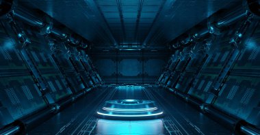 Aydınlatılmış projektörlü mavi uzay gemisi. Uzay istasyonunda parlak neon ışıklarıyla dolu fütürist koridor. 3d oluşturma