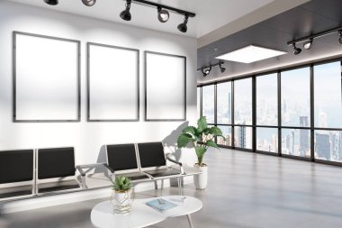 Beton ofis bekleme odasında asılı üç dikey çerçeve. Modern beton döşeme 3D reklam panolarının maketi