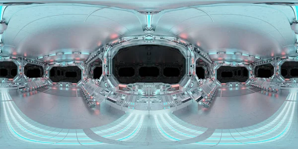 Hdri Vista Panorámica Del Interior Nave Espacial Blanca Azul Con — Foto de Stock