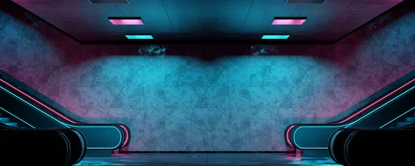 現実的な地下鉄の駅背景にぬれた床を反映している 青とピンクの輝くネオンライトとエスカレーターと未来的な地下鉄のインテリア 3Dレンダリング — ストック写真