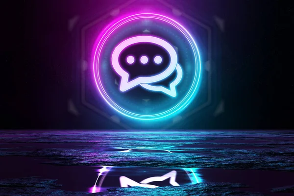 Digital Speech Bubble Holographic Icon Circle Illuminating Floor Blue Pink — Stock Photo, Image