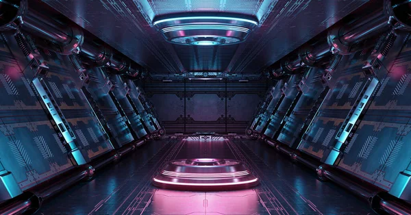 Intérieur Vaisseau Spatial Bleu Rose Avec Projecteur Éclairé Couloir Futuriste — Photo