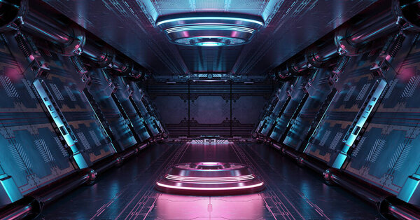 Сине-розовый космический интерьер с подсветкой прожектора. Футуристический коридор на космической станции со светящимся неоновым светом заднего плана. 3d-рендеринг