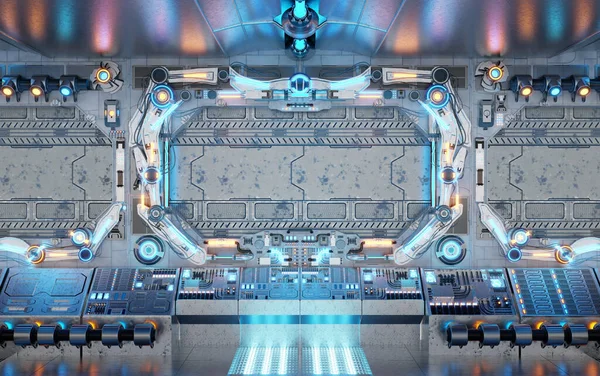 Интерьер Белого Космического Корабля Светящимися Панелями Управления Кнопками Футуристический Фон — стоковое фото