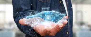 Bulanık arka planda tutulan ve holografik akıllı araba arayüzü projeksiyonuna dokunan adam 3D görüntüleme