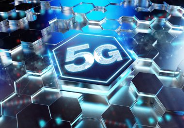 Mavi metal altıgen arka plana oyulmuş 5G simge konsepti. Soyut dijital yüzeyde parlayan kablosuz teknoloji logosu. 3d oluşturma