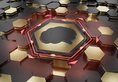 Siyah ve altın renkli altıgen arkaplana kazınmış beyin simgesi konsepti. Soyut dijital yüzeyde parlayan yapay zeka sembolü. 3d oluşturma