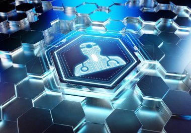 Mavi metal altıgen kaidesel arka plana kazınmış doktor simgesi konsepti. Soyut dijital yüzeyde parlayan tıbbi sembol. 3d oluşturma