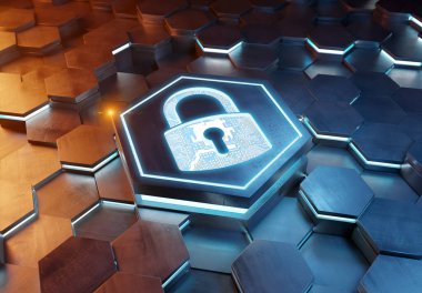 Mavi ve turuncu metal altıgen arka plana kazınmış web güvenlik simgesi konsepti. Soyut dijital yüzeyde parlayan asma kilit logosu. 3d oluşturma