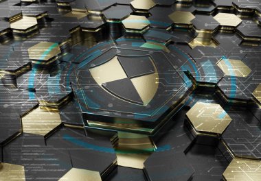 Siyah ve altın renkli altıgen kaidesel arkaplana kazınmış kalkan simgesi konsepti. Güvenlik logosu soyut dijital yüzeyde parlıyor. 3d oluşturma