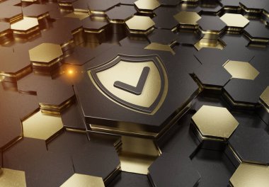 Siyah ve altın renkli altıgen kaidesel arkaplana kazınmış kalkan simgesi konsepti. Güvenlik logosu soyut dijital yüzeyde parlıyor. 3d oluşturma