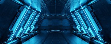 Mavi uzay gemisi iç kısmı, panel duvarlarında neon ışıkları var. Uzay istasyonu arka planında gelecekçi modern koridor. 3d oluşturma