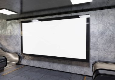 Metro Mockup 'ta büyük panoramik reklam panosu. Tren istasyonunun duvarında asılı reklamlar 3D görüntüleme