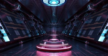 Aydınlatılmış projektörlü mavi ve pembe uzay gemisi. Uzay istasyonunda parlak neon ışıklarıyla dolu fütürist koridor. 3d oluşturma