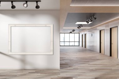 Karanlık ofis toplantı odasında asılı duran iki dikey çerçeve. Modern şirketlerin iç mekan 3D görüntülemesindeki reklam panolarını düzenle